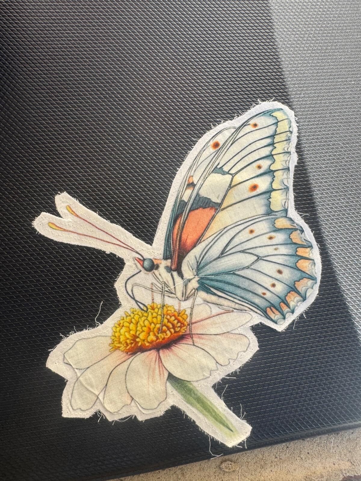 The image is a picture of a fabric or paper cutout featuring an illustration of a butterfly on a flower, possibly a daisy. embroidered patch or applique